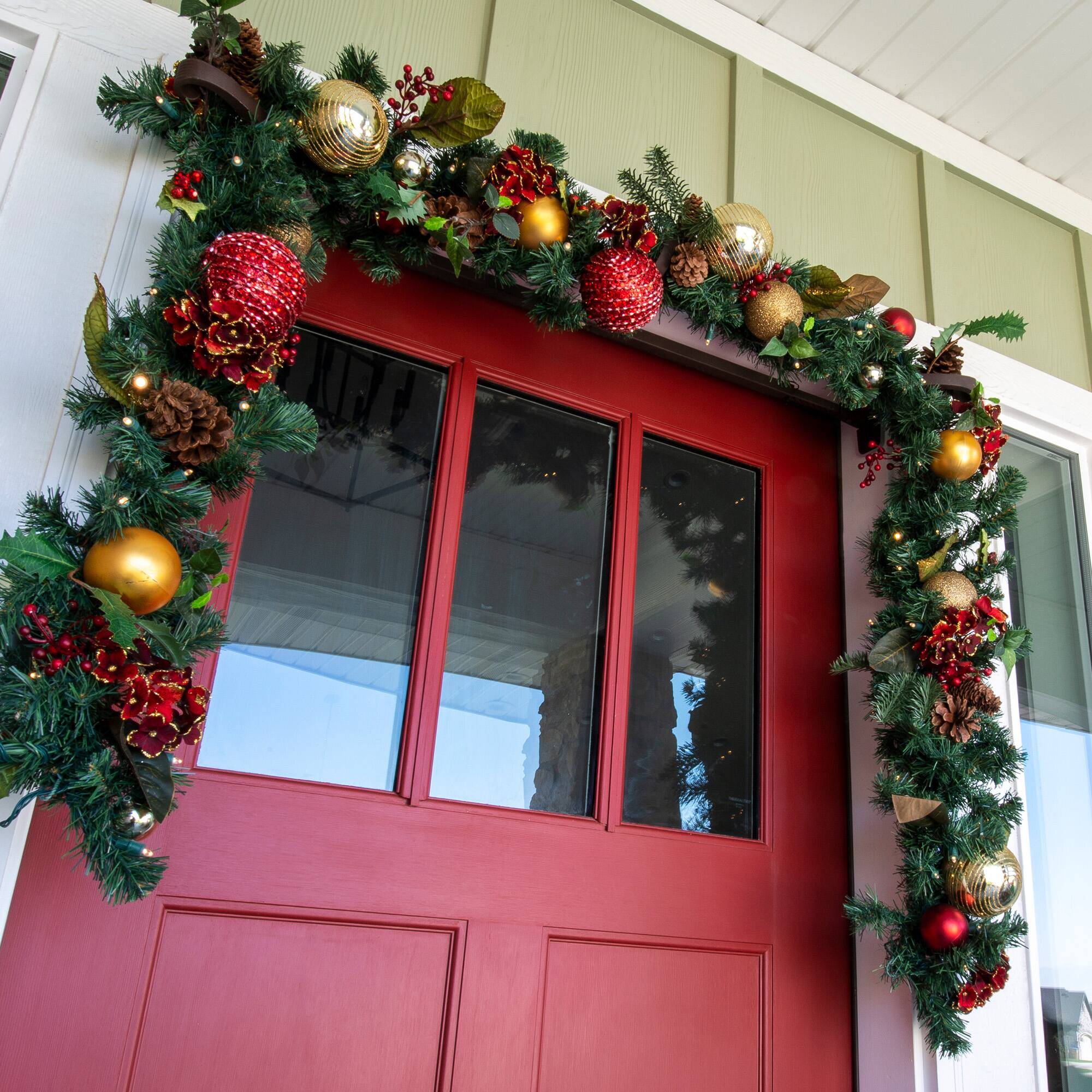 Village Lighting 9ft. Pre-Lit LED Scarlet Hydrangea Christmas Garland